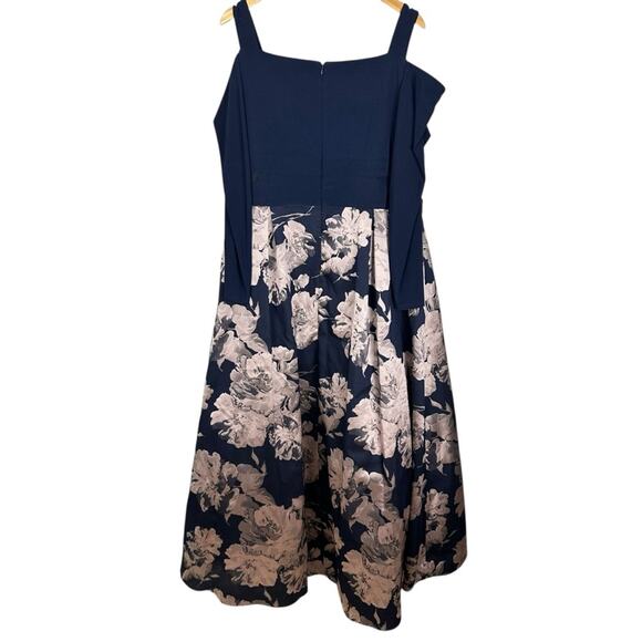 Xscape Navy Blue Brocade Floral High Low Formal Long Sleeve Midi Gown Size 18W - Picture 14 of 14